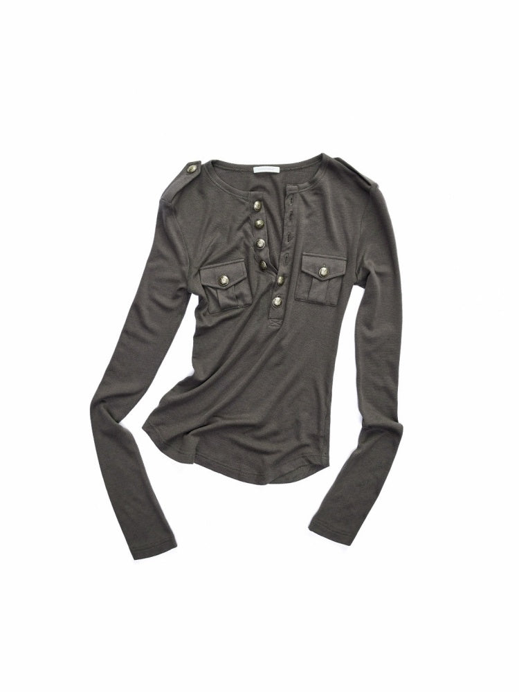 Small Pocket Henry Neck Long Sleeve Knit T-shirt/Drawstring Hip Hugging Dress【s0000015656】