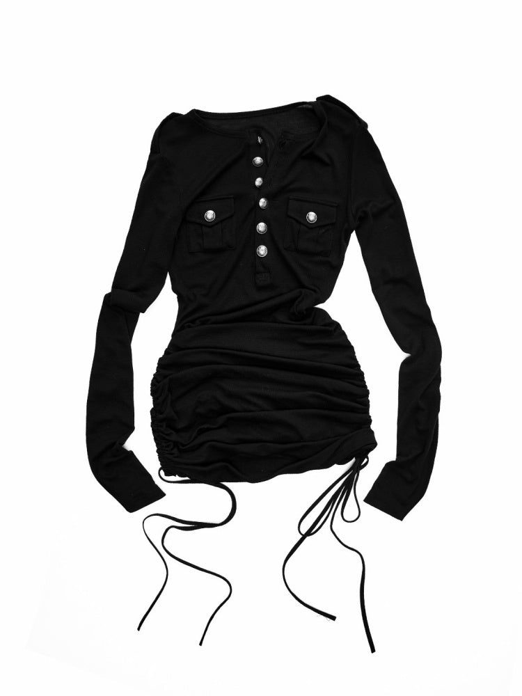 Small Pocket Henry Neck Long Sleeve Knit T-shirt/Drawstring Hip Hugging Dress【s0000015656】
