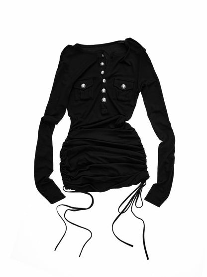Small Pocket Henry Neck Long Sleeve Knit T-shirt/Drawstring Hip Hugging Dress【s0000015656】
