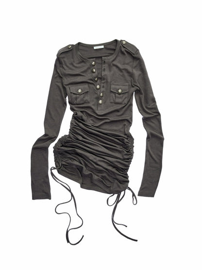 Small Pocket Henry Neck Long Sleeve Knit T-shirt/Drawstring Hip Hugging Dress【s0000015656】