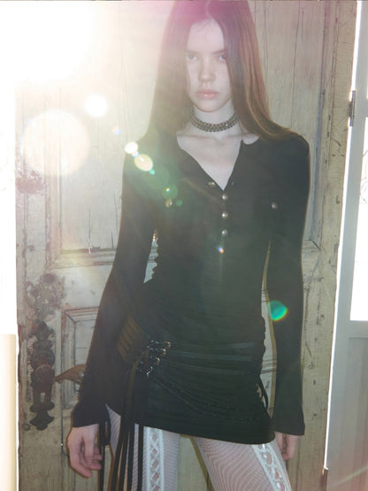 Small Pocket Henry Neck Long Sleeve Knit T-shirt/Drawstring Hip Hugging Dress【s0000015656】