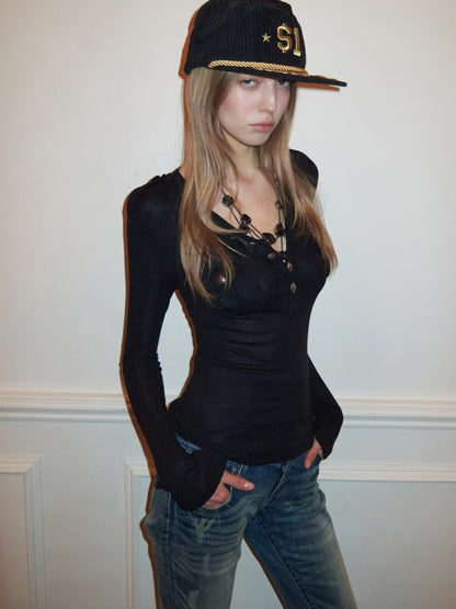 Small Pocket Henry Neck Long Sleeve Knit T-shirt/Drawstring Hip Hugging Dress【s0000015656】