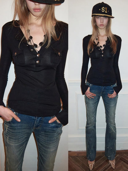 Small Pocket Henry Neck Long Sleeve Knit T-shirt/Drawstring Hip Hugging Dress【s0000015656】