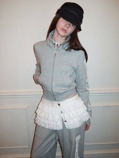 Bone Bead Embroidered Stand Up Collar Short Sweatshirt Jacket & Pants Set【s0000015657】