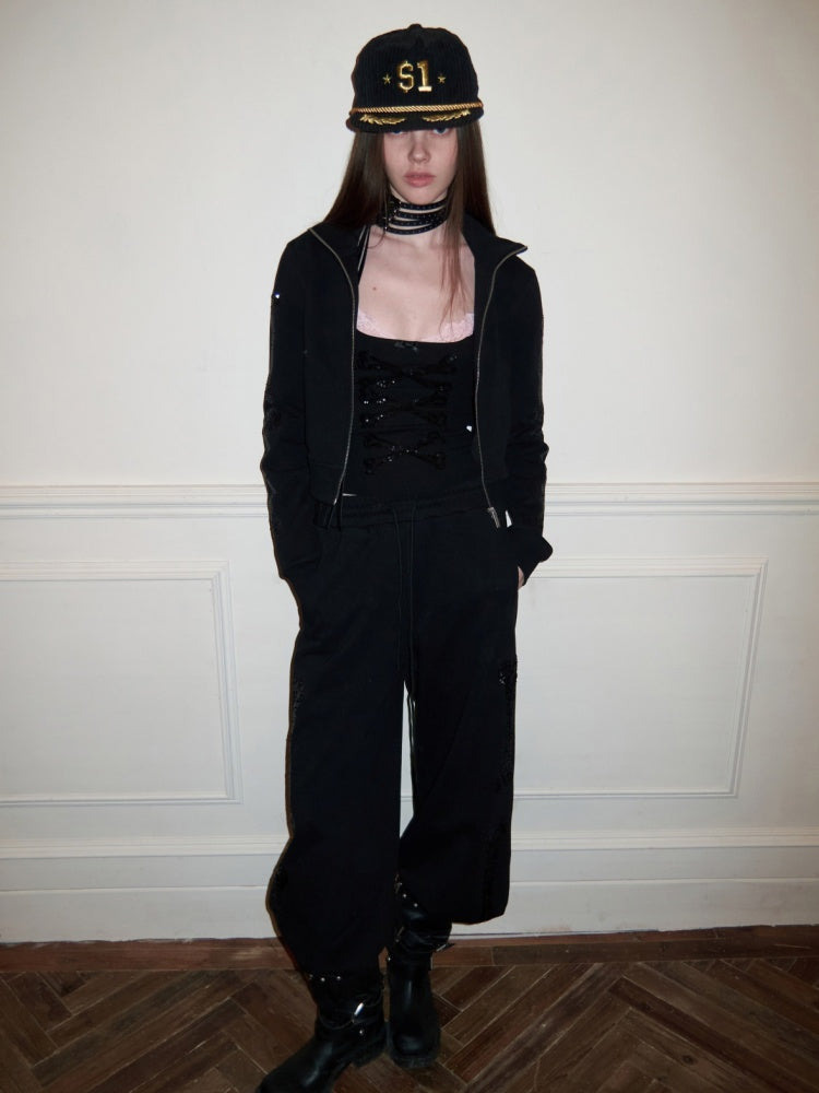 Bone Bead Embroidered Stand Up Collar Short Sweatshirt Jacket & Pants Set【s0000015657】
