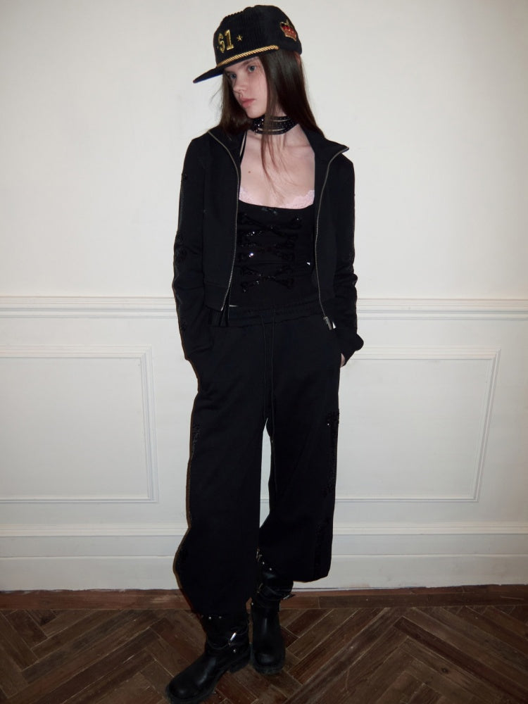 Bone Bead Embroidered Stand Up Collar Short Sweatshirt Jacket & Pants Set【s0000015657】