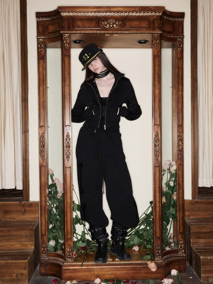 Bone Bead Embroidered Stand Up Collar Short Sweatshirt Jacket & Pants Set【s0000015657】