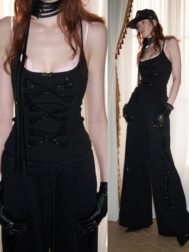 Bone Bead Embroidered Stand Up Collar Short Sweatshirt Jacket & Pants Set【s0000015657】