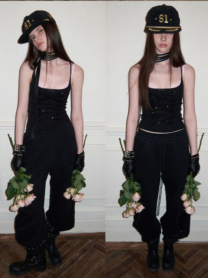 Bone Bead Embroidered Stand Up Collar Short Sweatshirt Jacket & Pants Set【s0000015657】