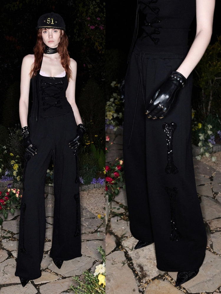 Bone Bead Embroidered Stand Up Collar Short Sweatshirt Jacket & Pants Set【s0000015657】