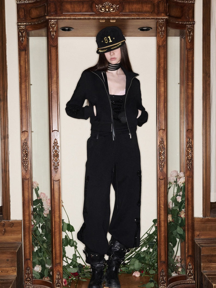Bone Bead Embroidered Stand Up Collar Short Sweatshirt Jacket & Pants Set【s0000015657】
