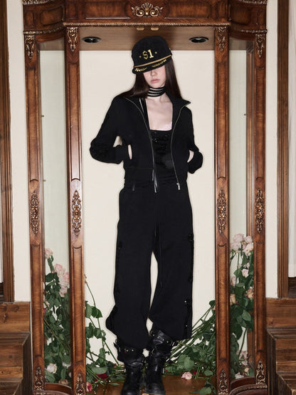Bone Bead Embroidered Stand Up Collar Short Sweatshirt Jacket & Pants Set【s0000015657】