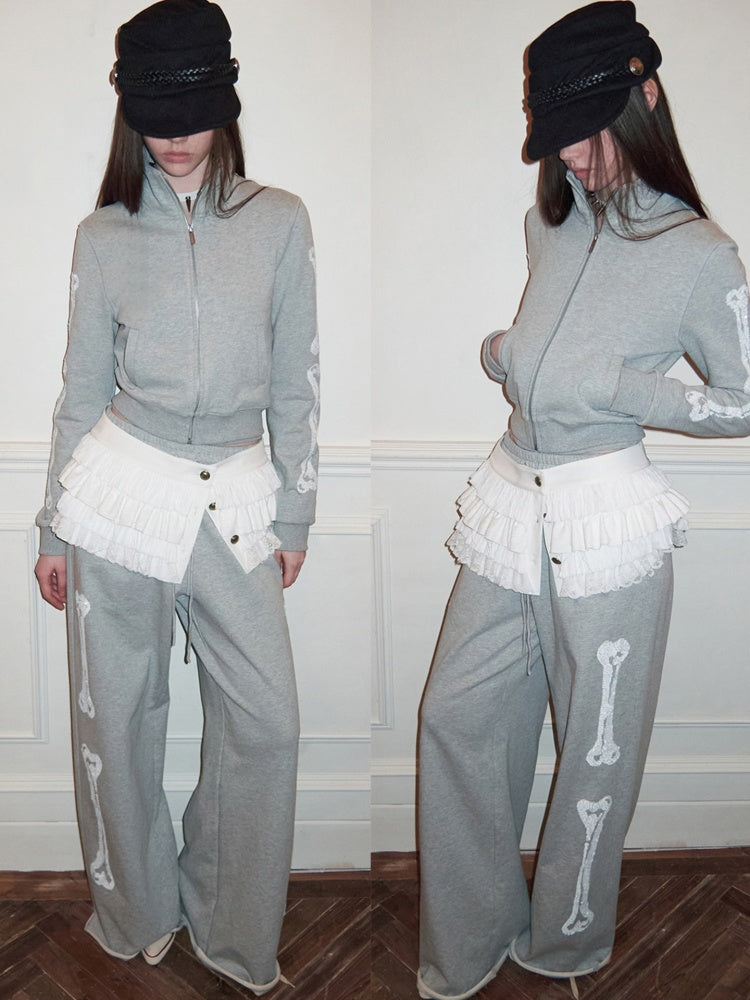 Bone Bead Embroidered Stand Up Collar Short Sweatshirt Jacket & Pants Set【s0000015657】