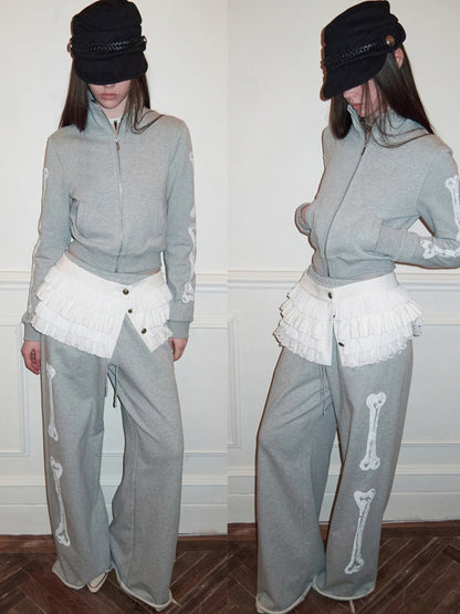 Bone Bead Embroidered Stand Up Collar Short Sweatshirt Jacket & Pants Set【s0000015657】