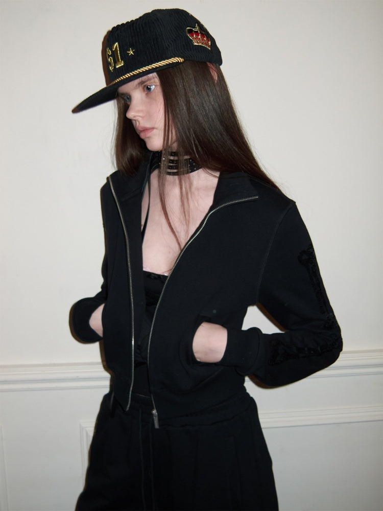 Bone Bead Embroidered Stand Up Collar Short Sweatshirt Jacket & Pants Set【s0000015657】