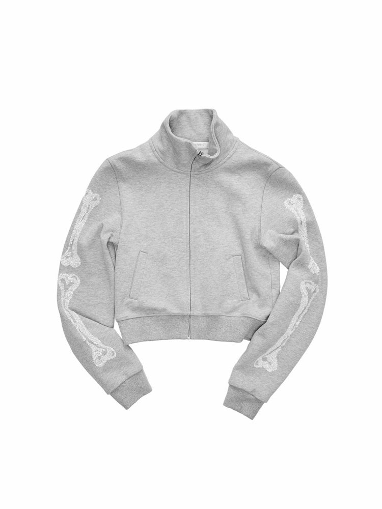 Bone Bead Embroidered Stand Up Collar Short Sweatshirt Jacket & Pants Set【s0000015657】