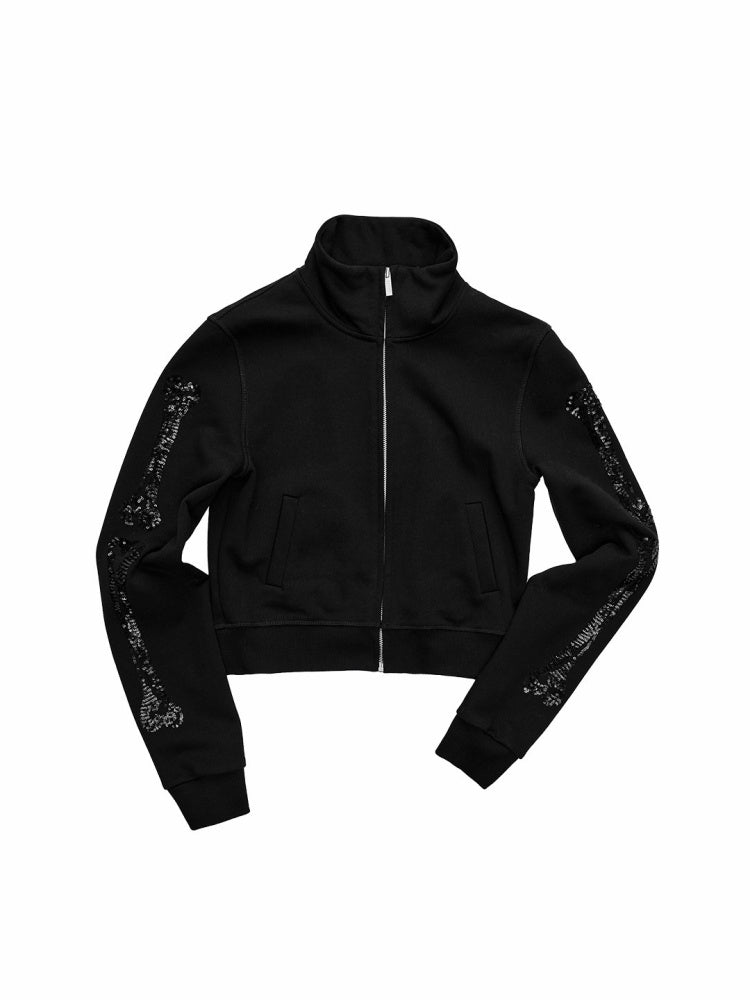 Bone Bead Embroidered Stand Up Collar Short Sweatshirt Jacket & Pants Set【s0000015657】