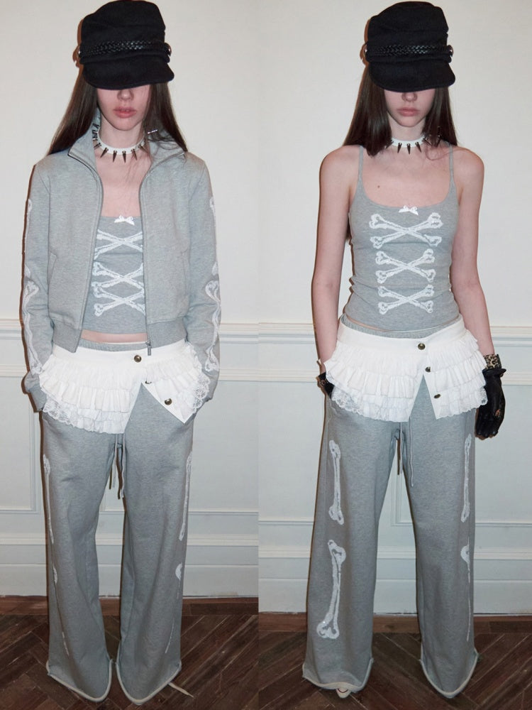 Bone Bead Embroidered Stand Up Collar Short Sweatshirt Jacket & Pants Set【s0000015657】