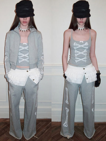 Bone Bead Embroidered Stand Up Collar Short Sweatshirt Jacket & Pants Set【s0000015657】