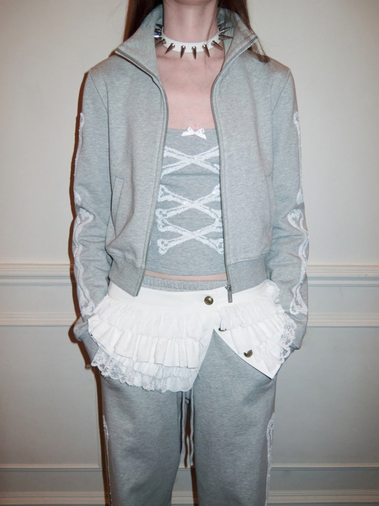 Bone Bead Embroidered Stand Up Collar Short Sweatshirt Jacket & Pants Set【s0000015657】