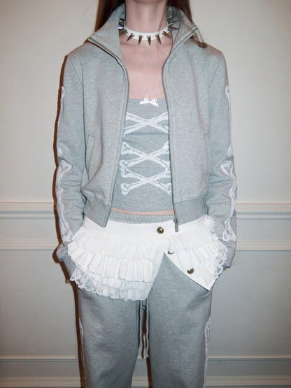 Bone Bead Embroidered Stand Up Collar Short Sweatshirt Jacket & Pants Set【s0000015657】