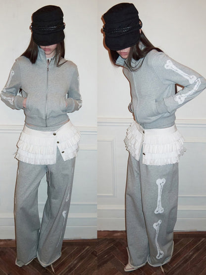 Bone Bead Embroidered Stand Up Collar Short Sweatshirt Jacket & Pants Set【s0000015657】