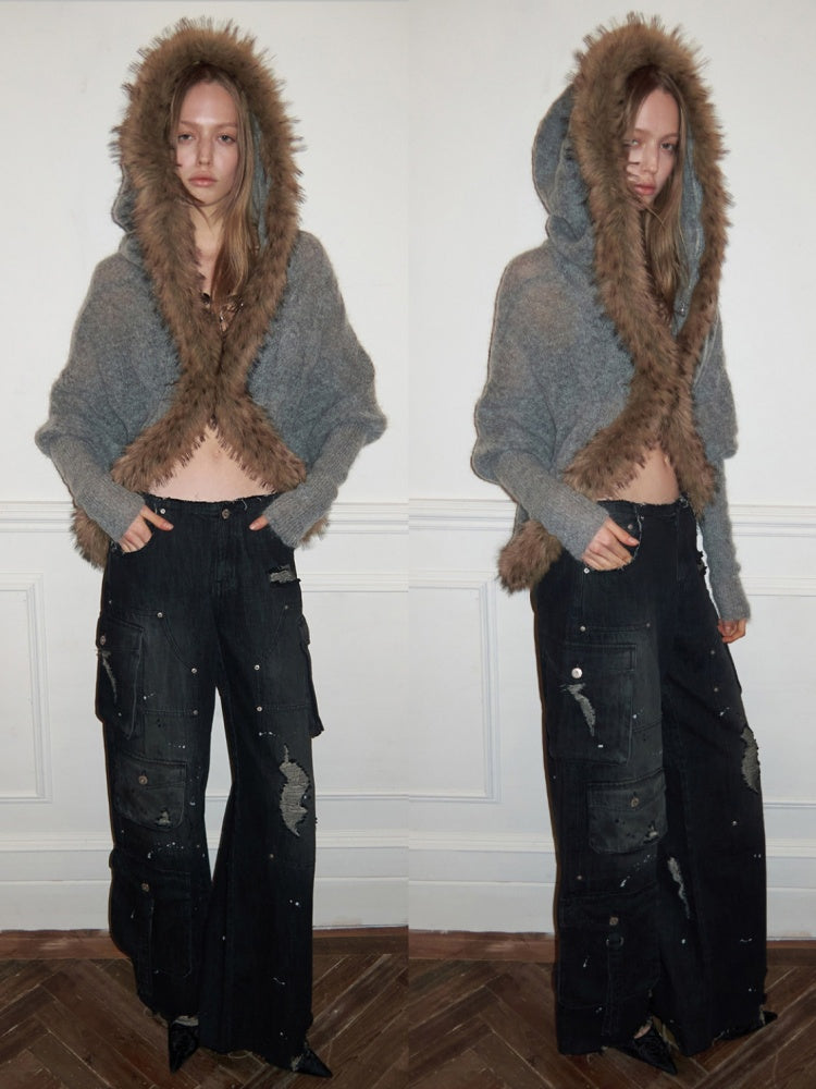 Mohair Patchwork Wool Collar Pocket Knitted Jacket【s0000015658】
