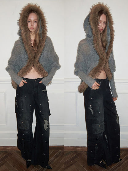 Mohair Patchwork Wool Collar Pocket Knitted Jacket【s0000015658】