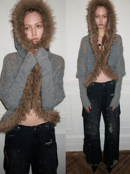 Mohair Patchwork Wool Collar Pocket Knitted Jacket【s0000015658】