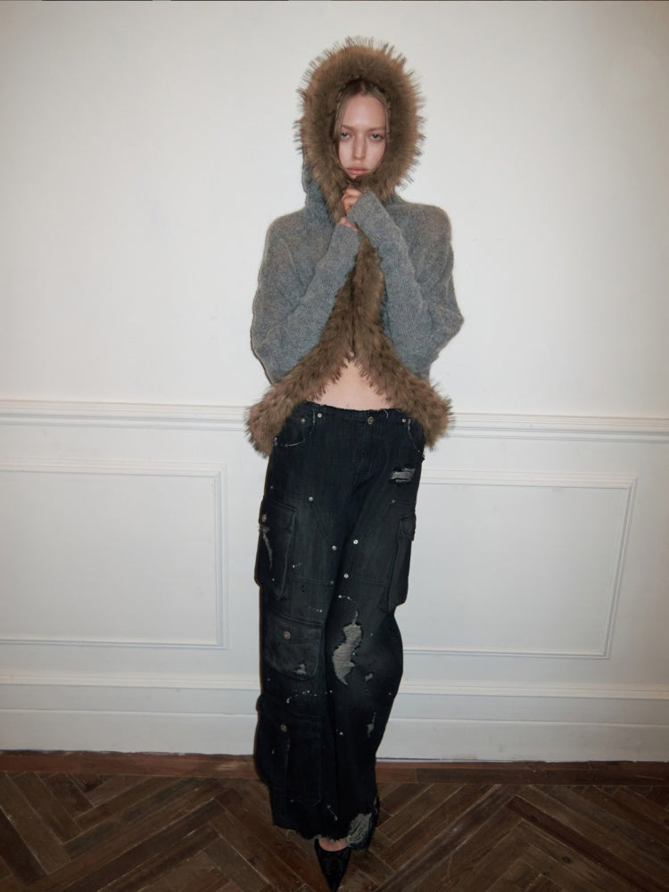 Mohair Patchwork Wool Collar Pocket Knitted Jacket【s0000015658】