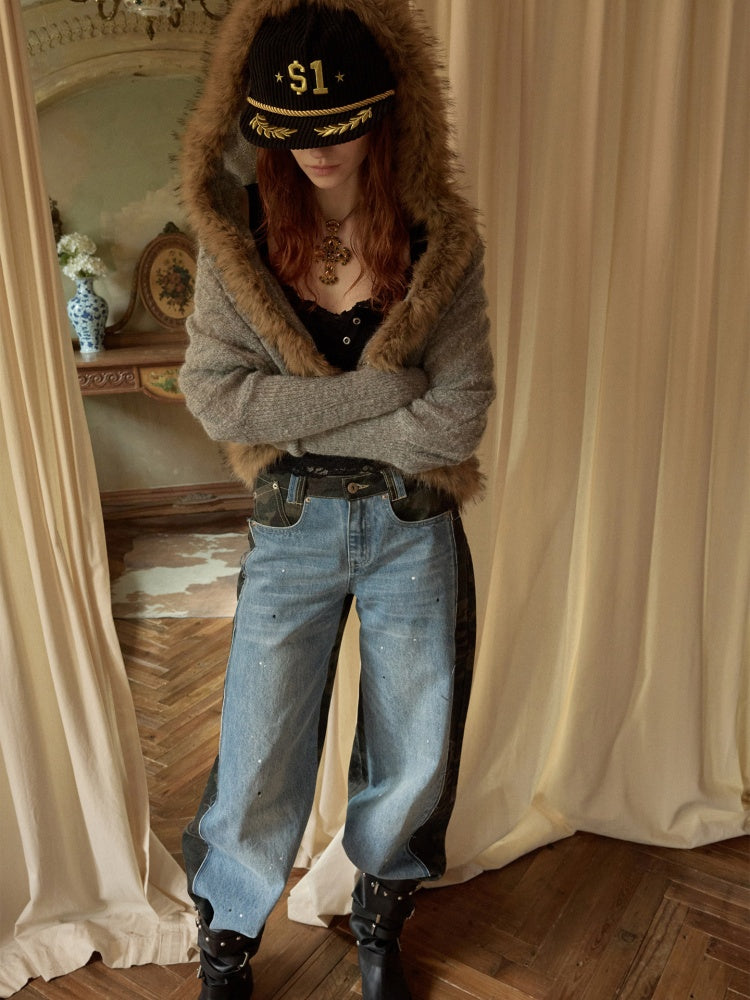 Mohair Patchwork Wool Collar Pocket Knitted Jacket【s0000015658】