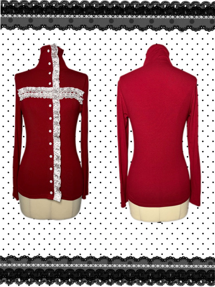 Cross Polka Dot Turtleneck Button-Down Red Base Cardigan【s0000015660】