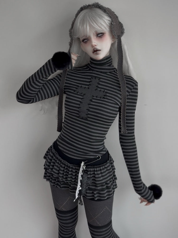 Cross Patchwork Striped High Neck Subculture Slimming Base Layer【s0000015662】