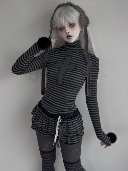 Cross Patchwork Striped High Neck Subculture Slimming Base Layer【s0000015662】