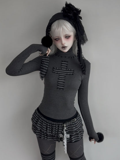 Cross Patchwork Striped High Neck Subculture Slimming Base Layer【s0000015662】