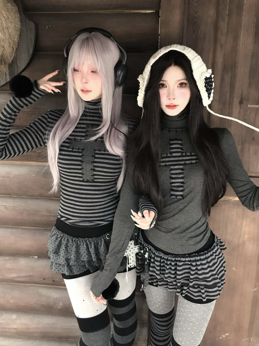 Cross Patchwork Striped High Neck Subculture Slimming Base Layer【s0000015662】