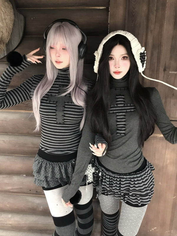 Cross Patchwork Striped High Neck Subculture Slimming Base Layer【s0000015662】