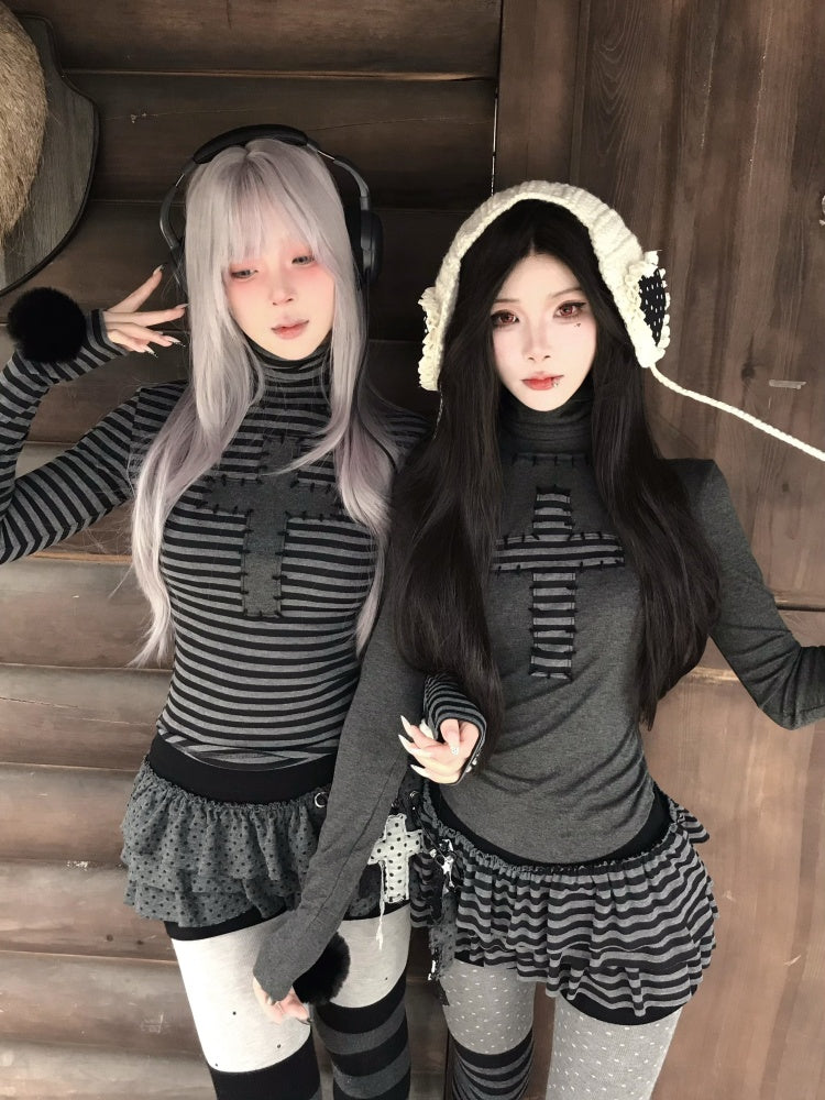 Cross Patchwork Striped High Neck Subculture Slimming Base Layer【s0000015662】