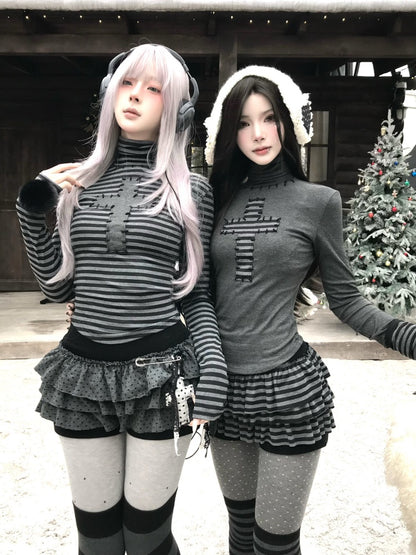 Cross Patchwork Striped High Neck Subculture Slimming Base Layer【s0000015662】