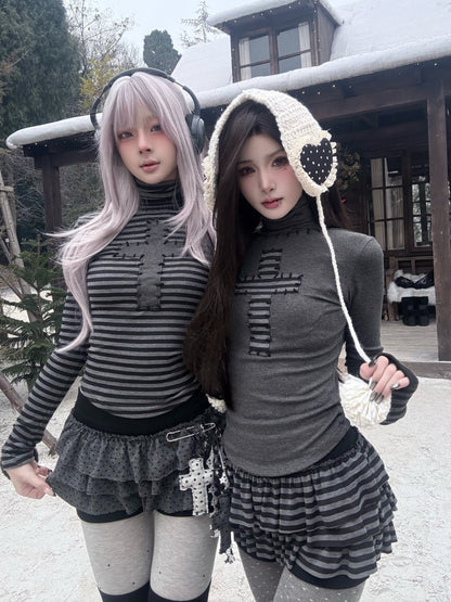 Cross Patchwork Striped High Neck Subculture Slimming Base Layer【s0000015662】