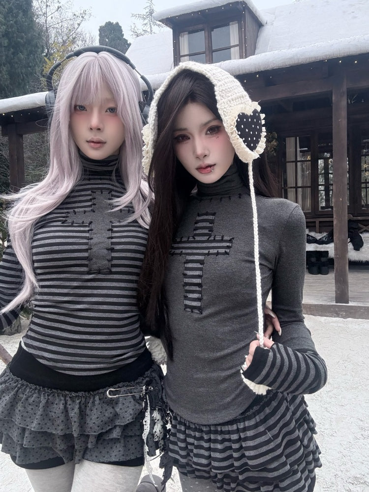 Cross Patchwork Striped High Neck Subculture Slimming Base Layer【s0000015662】
