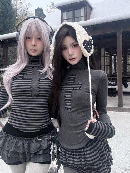 Cross Patchwork Striped High Neck Subculture Slimming Base Layer【s0000015662】
