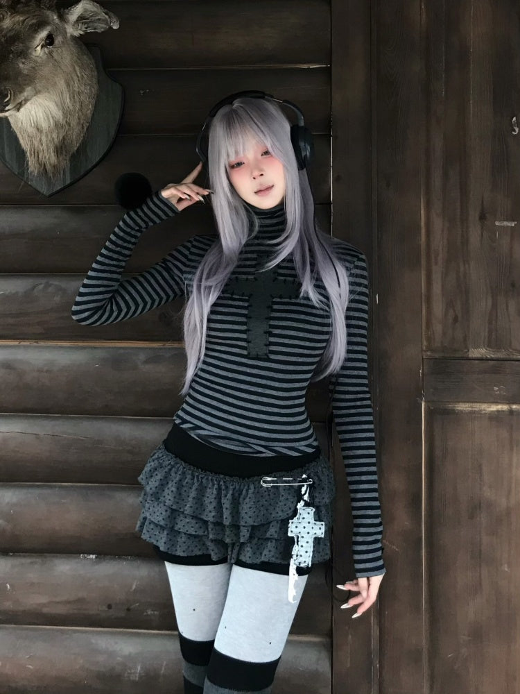 Cross Patchwork Striped High Neck Subculture Slimming Base Layer【s0000015662】