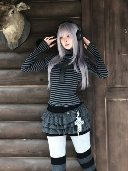 Cross Patchwork Striped High Neck Subculture Slimming Base Layer【s0000015662】