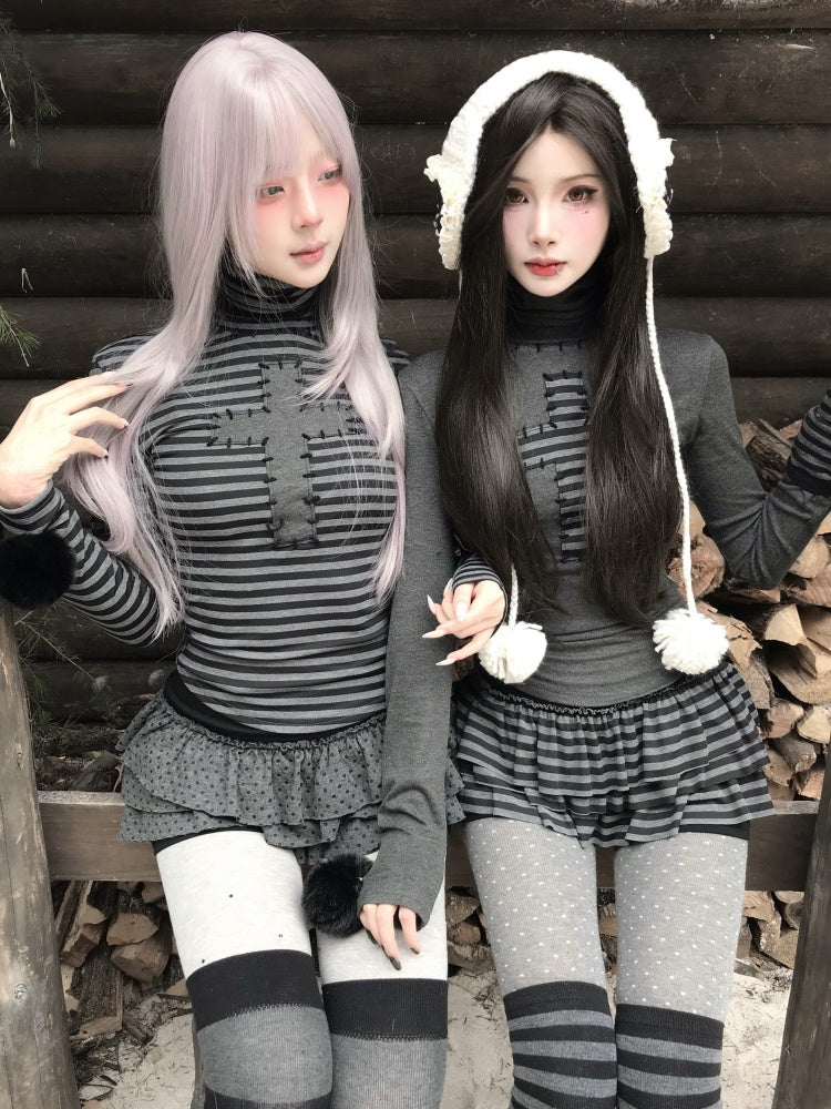 Cross Patchwork Striped High Neck Subculture Slimming Base Layer【s0000015662】