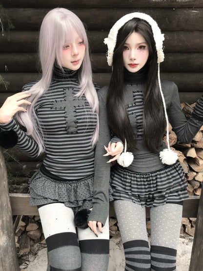 Cross Patchwork Striped High Neck Subculture Slimming Base Layer【s0000015662】