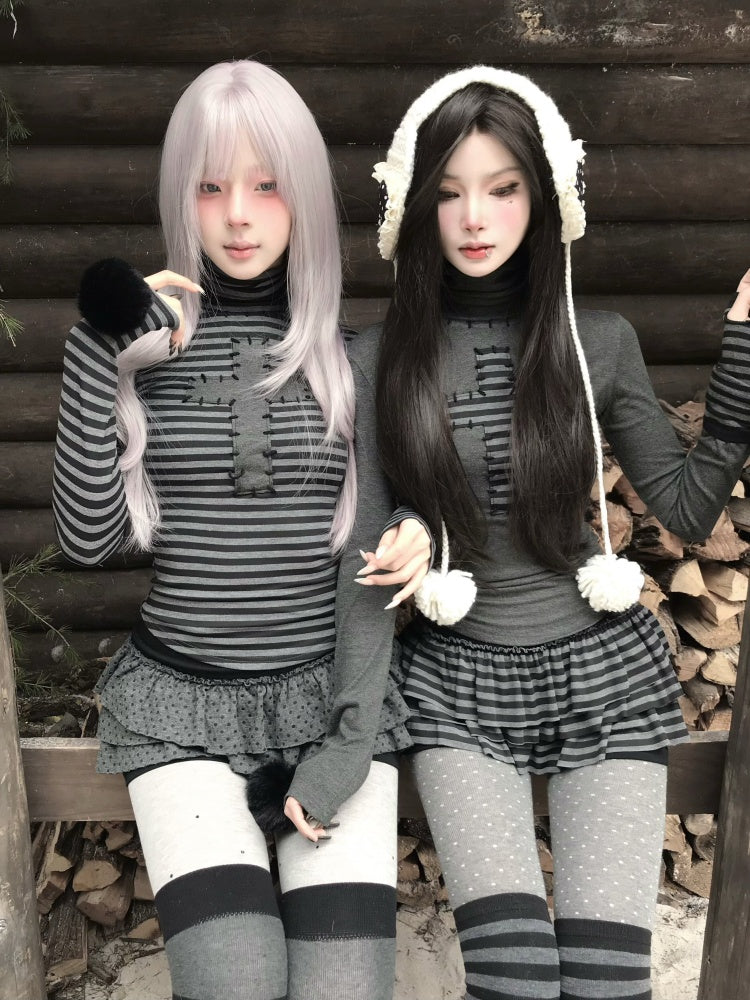 Cross Patchwork Striped High Neck Subculture Slimming Base Layer【s0000015662】
