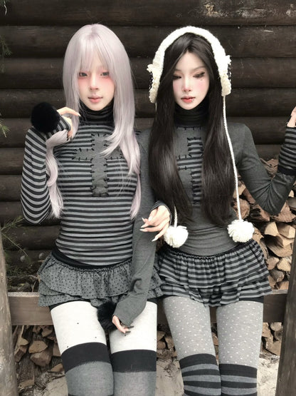 Cross Patchwork Striped High Neck Subculture Slimming Base Layer【s0000015662】