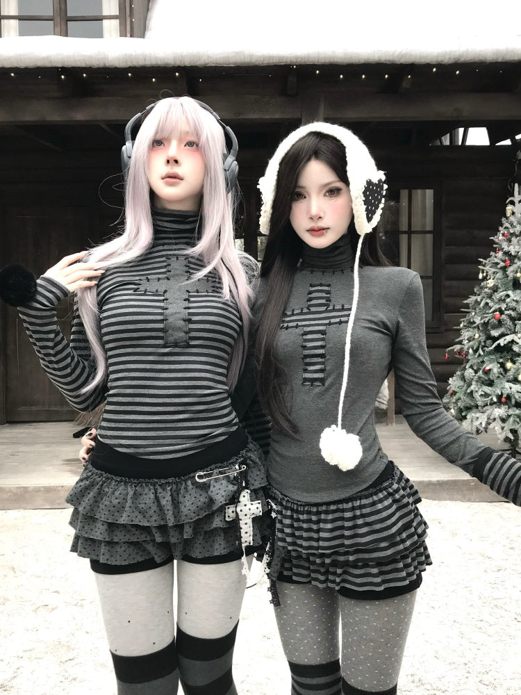 Cross Patchwork Striped High Neck Subculture Slimming Base Layer【s0000015662】