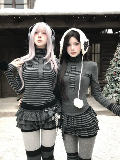 Cross Patchwork Striped High Neck Subculture Slimming Base Layer【s0000015662】